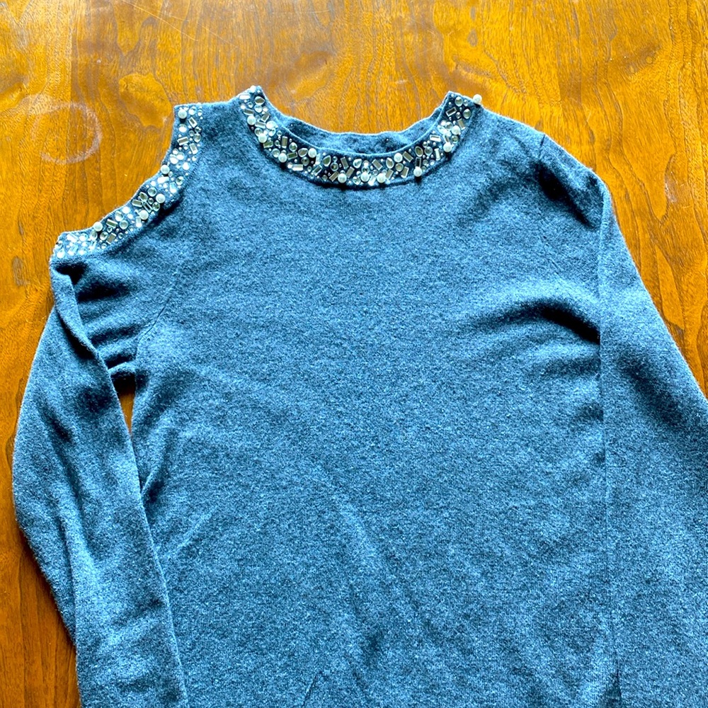 I-N-C international concepts sweater, size medium, gray, pearls and rhinestones